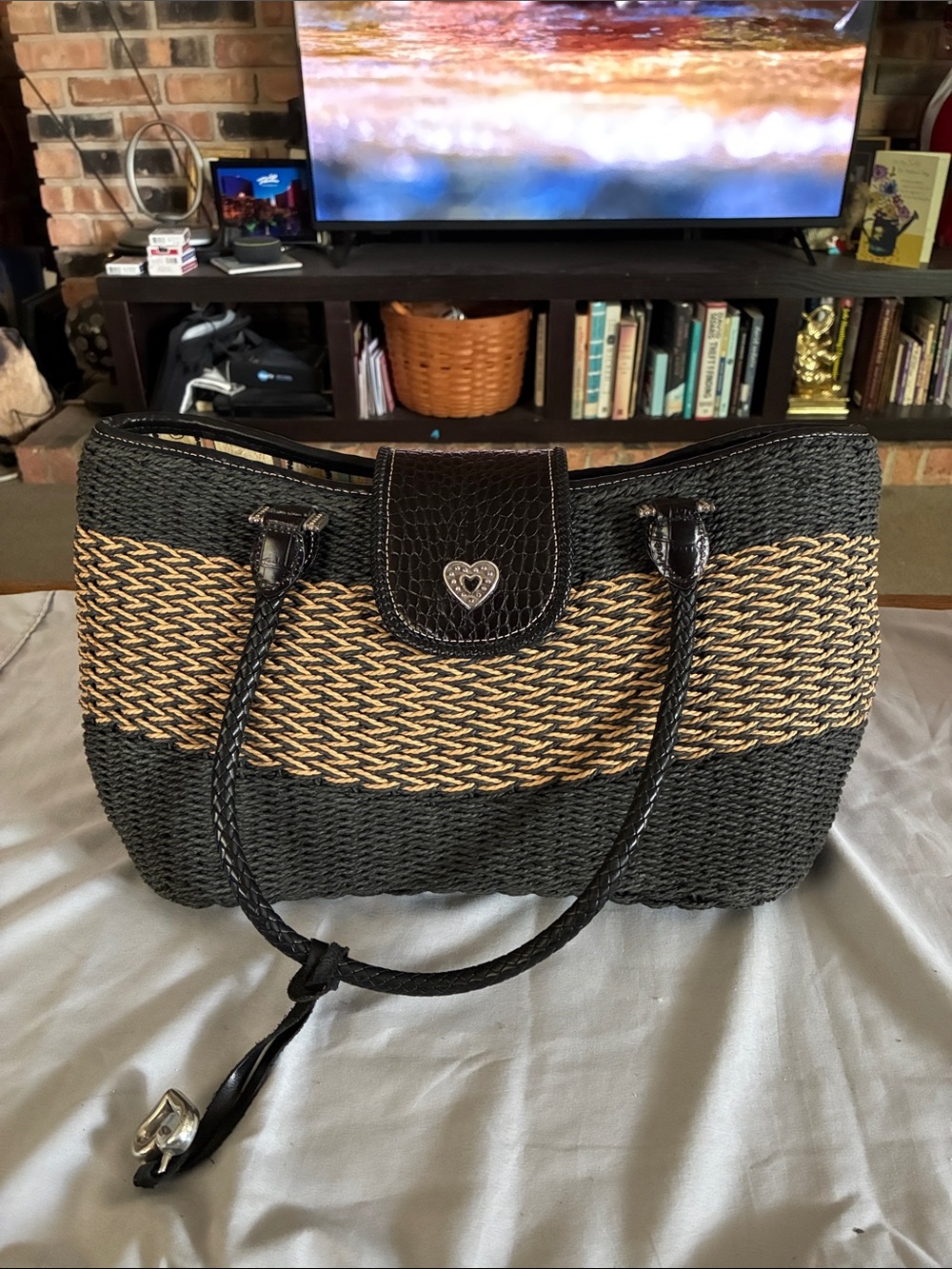 Brighton Savannah Woven straw tote bag w/ Black and Natural colored woven straw